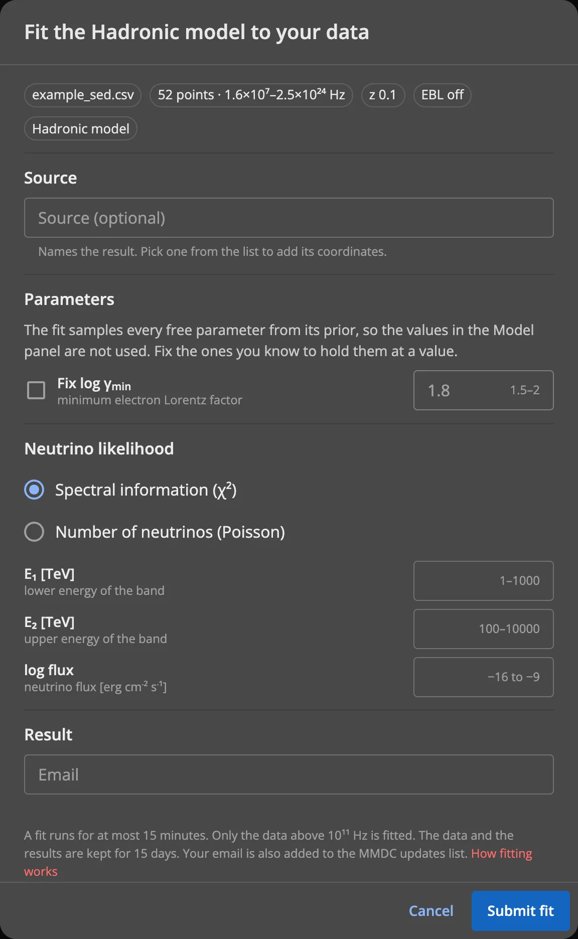 The fit dialog for the hadronic model