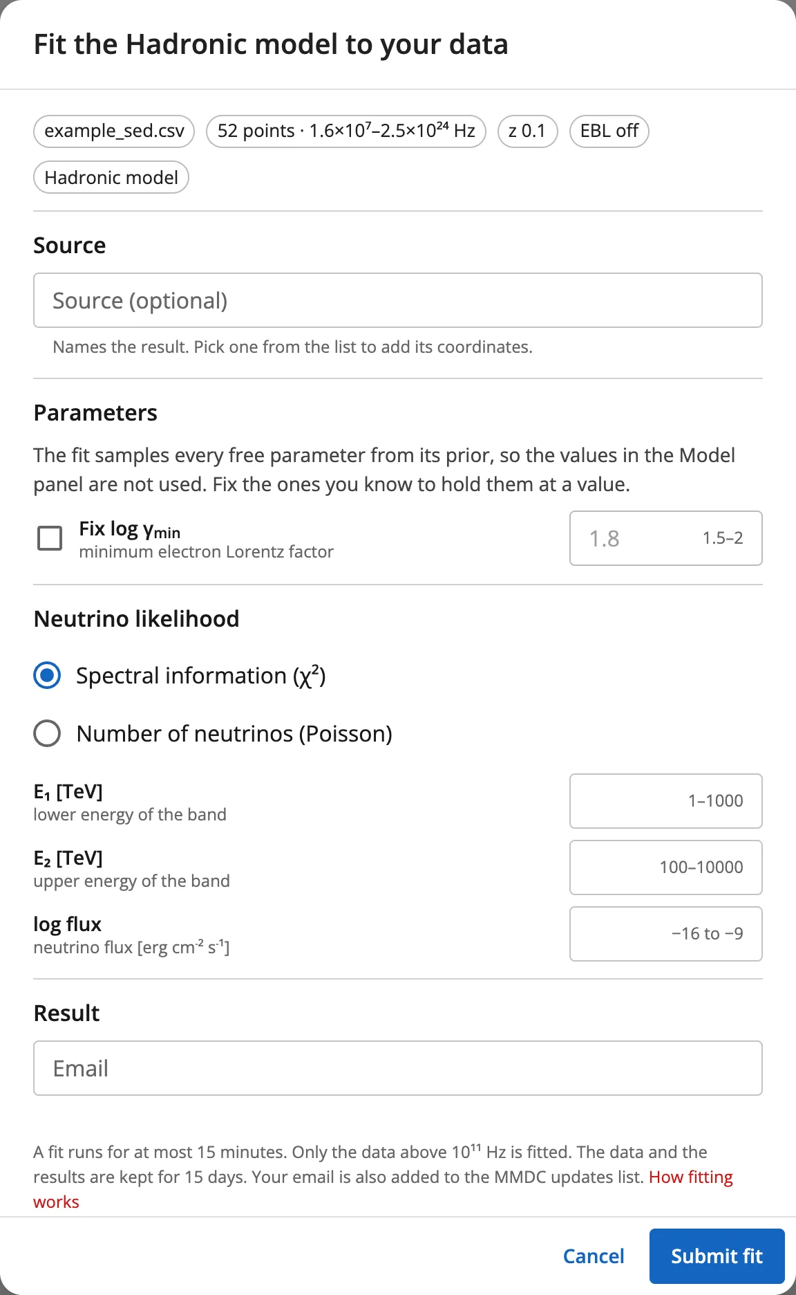 The fit dialog for the hadronic model