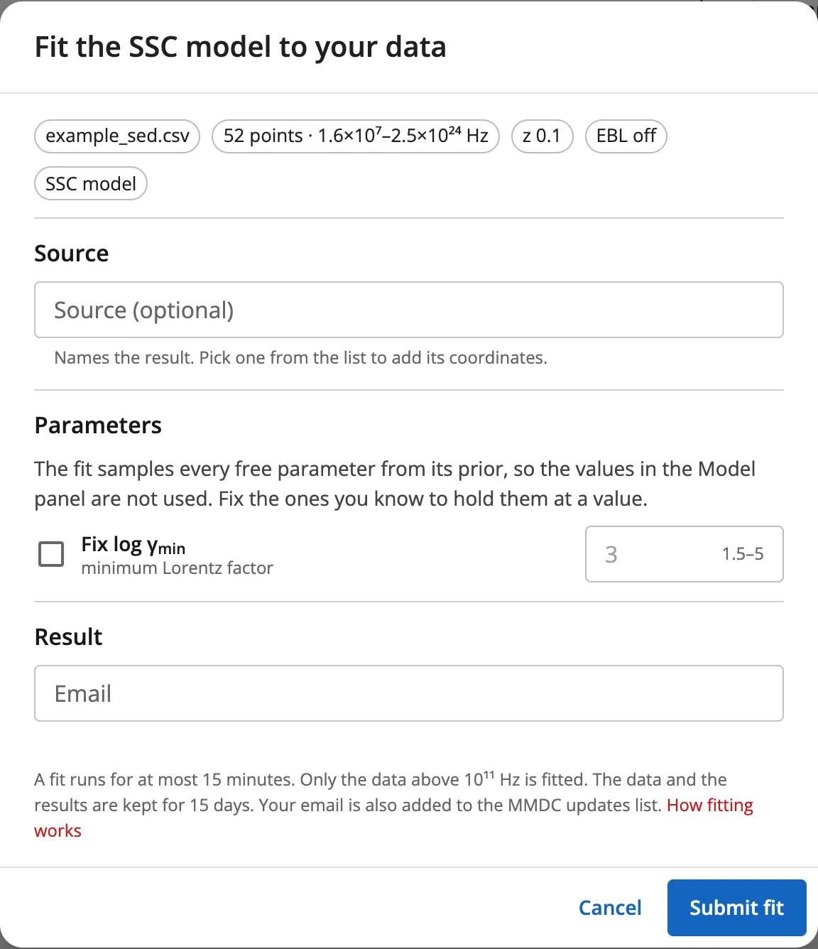 The fit dialog for the SSC model